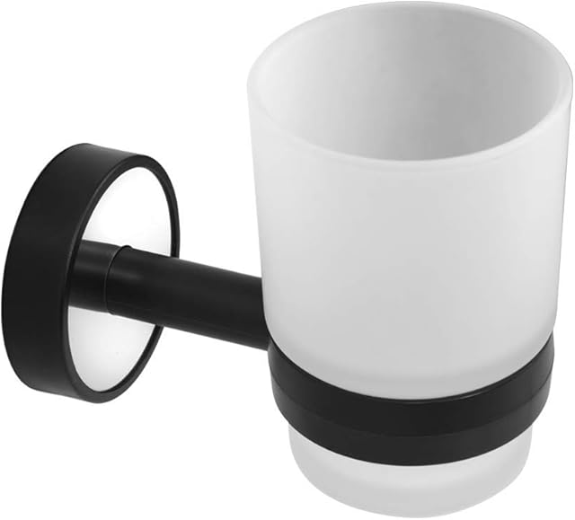 Kapitan Optimo Toothbrush Holder Wall Mounted, Self Adhesive or Screw Mounting, Stainless Steel with black ABS Plastic, Frosted Glass Tumbler, Made in EU, 20 Years Warranty