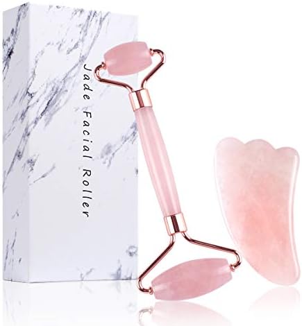 Jade Roller - Rose Quartz Face Roller and Gua Sha, Scrapping Massage Tools, Anti-Aging Beauty Kits for Slimming, Toning and Firming Skin - Natural Jade Stone Facial Roller for Face (pink)