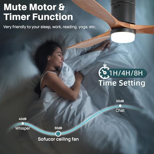 Sofucor 52 Inch Smart Ceiling Fans with Lights-Flush Mount Low Profile Modern Outdoor Solid Wood Ceiling Fans with Alexa/Google Assistant/APP/Remote Control for Bedroom/Farmhouse/Patio, Brown Black thumbnail 7