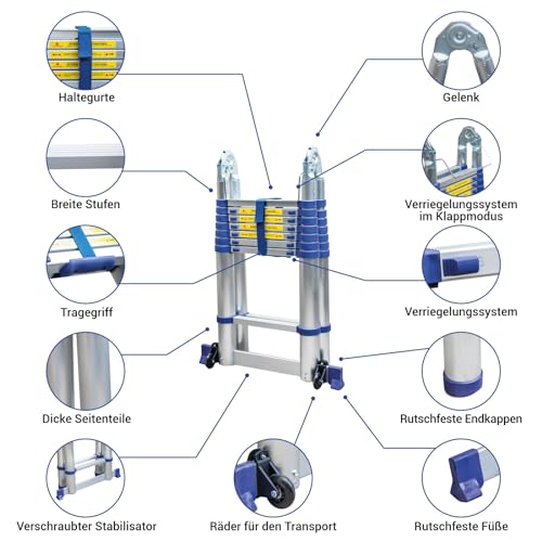 Stempakt Teleskopleiter Gelenkleiter 5m 2x8 Stufen Profi Multifunktional Klapphöhe Maximale Arbeitshöhe 5,9m Hoström