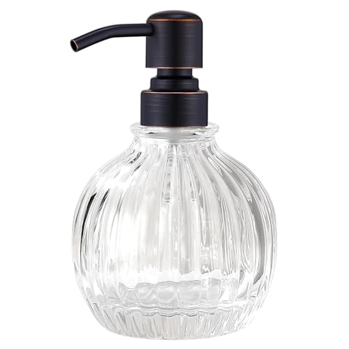 Image of Round Soap Dispenser Bathroom with Oil Rubbed Bronze Pump, Glass Bottle with Stainless Steel Pump Liquid Sphere Soap Dispenser Circular Countertop Kitchen
