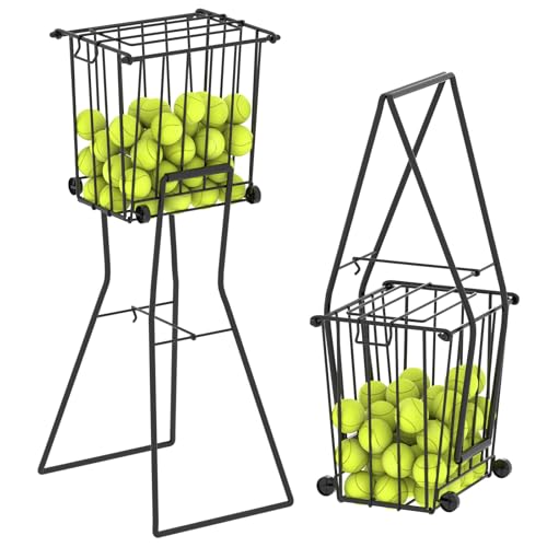 wasoyun Tennis & Pickleball Hopper with Wheels &ndash; Ball Pick Up Basket, Holds 75 Tennis Balls...