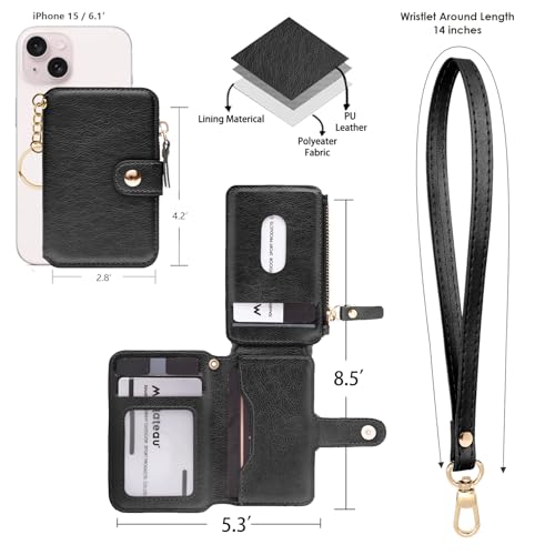 Image of M-Plateau RFID Blocking Keychain Wallet With Leather Wrist Strap | Keychain Wristlet, Womens Card Holder with Zipper Coin Pocket and ID Window(Black)