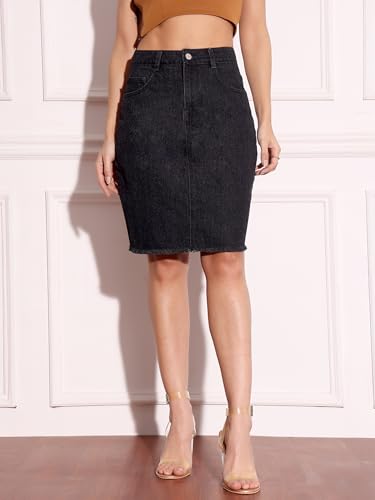 Image of Miss Chase Women's Straight-Fit High-Rise Stretchable Denim Midi Skirt