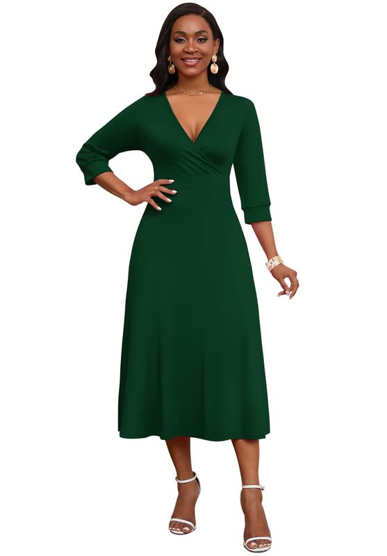 Image of MarryUP Womens Casual Dress Wrap V-Neck Elegant Wedding Guest Midi Dress 3 /4 Sleeve Solid High Waist Dark Green XL