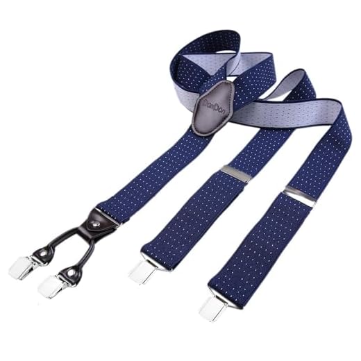 DonDon herr hängslen 3,5 cm breda 4 clips med brunt läder i Y-form elastiska och längdjusterbara mörkblå vit prickig