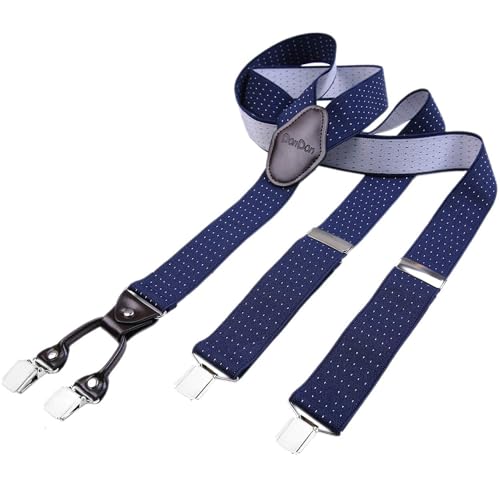 DonDon Tirantes hombre anchos 3,5 cm con 4 clips extra fuertes tirantes para pantalones hombre y parche de cuero marrón azul obscuro blanco con lunares