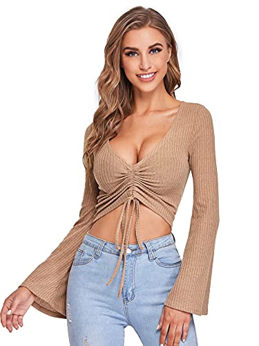 Image of SweatyRocks Women's Adjustable Drawstring String Long Bell Sleeve Rib Knit Sexy Crop Top Camel XS