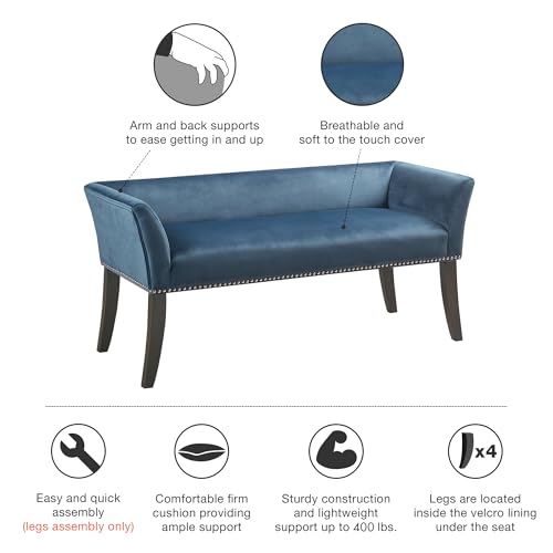 Image of Madison Park Accent Bench, Upholstered with Nailhead Trim, & Padded Seat Entryway Bench Small, End of Bed Bench with Back, 49.5 inch W x 19.25 inch D x 23 inch H, Blue
