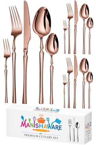 Image of Elegant Handle Rose Gold 15 Pcs Stainless Steel Cutlery Set for Dining Table, Dishwasher Safe Glossy Flatware (3 Spoon Set+3 Forks Set+3 Butter Knife+3 Dessert Spoon+ 3 Fruit Fork)