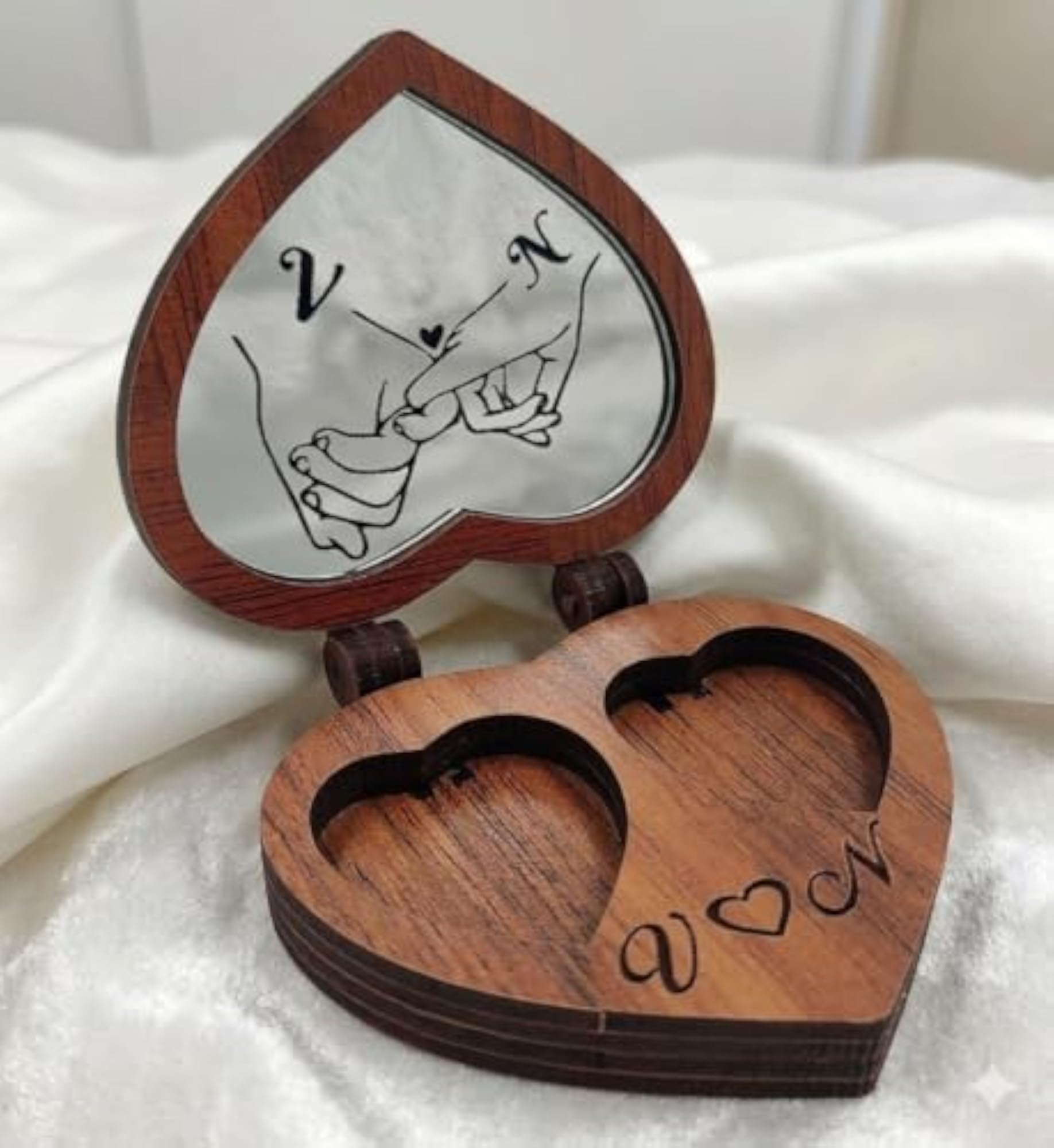 Wooden Heart Shape Ring Box with Mirror, Custom Gift Item