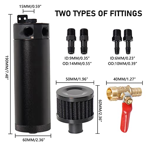 Edicapo OCC-1058-BK-LQ Universal Baffled Oil Catch Can Kit 2-Port Reservoir Tank Large Filter Drain Valve 750Ml Billet Aluminum Black thumb #1