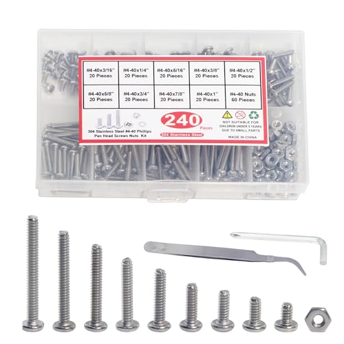 HANLATO 240Pcs 4-40 Screws Bolts and Nuts Assortment Kit, 4-40 Phillips Pan Head Machine Screws Nuts, Coarse Thread, 304 Stainless Steel, Fully Machine Threaded