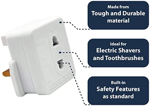 Heavy Duty, Electric Shaver / Toothbrush Plug Adapter Charger for Bathroom Socket Convertor White UK 2 Pin To 3 Pin, 1A Fused, Razor Shavers Adaptor, Travel Accessories by Pipestation®