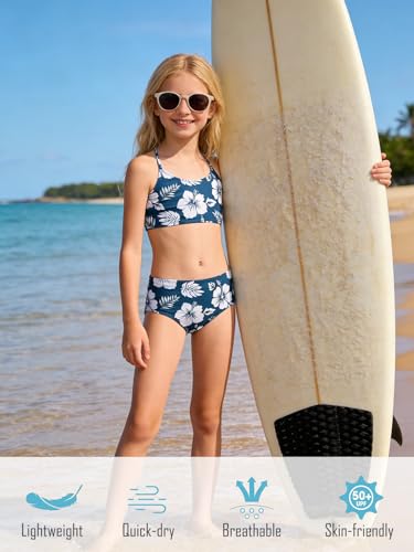 Image of Goodstoworld 7-12Y Girls 3 Piece Cover Up Swimsuit Hawaiian Bikini Bathing Suit with Pompom Tassel