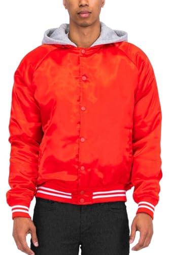 Mens Red and Gray Satin Hooded Varsity Jacket L/Red - Main Image