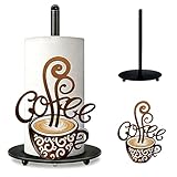 Coffee Themed Paper Towel Holder Countertop - Decorative Metal Paper Roll Stand with 3D Cup & Swirl Design, Weighted Base for Kitchen, Bar, Farmhouse Decor (Coffee)