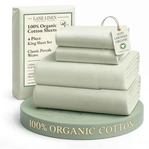 LANE LINEN 100% Organic Cotton King Bed Sheet Set, Bedsheets 4Pc Soft Cooling Fully Elasticized Mercerised All Season Sustainably Produced Cotton Sheets King Size, Oeko Tex Sheets - Mineral