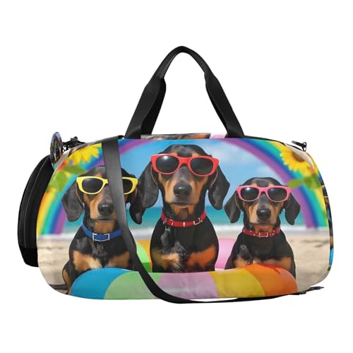 Duffle Bag for Boys or Girls with Shoes Compartment, Dachshund Sunglasses Sunflowers Sports Travel Bag Overnight2