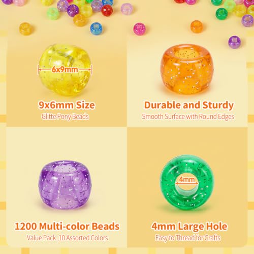 Image of 1200 pcs Pony Beads 6x9mm Glitter Clear Plastic Beads Transparent (Pack of 2)