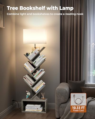 Image of Evermagin 6 Tier Tree Bookshelf with Light, Narrow Bookcase Tower, Tall Floor Standing Book Shelf Organizer with Storage Cabinet for Living Room, Bedroom and Home Office, Gray