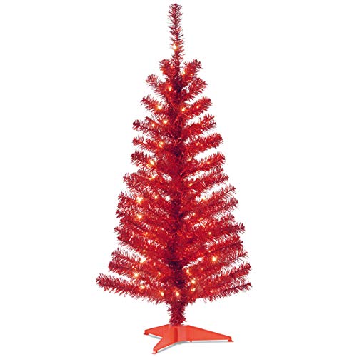 National Tree Company Pre-lit Artificial Christmas Tree | Includes Pre-strung White Lights and Stand | Red Tinsel - 4 ft