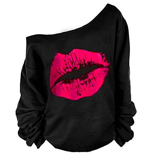 Image of MAGICMK Woman's Sweatershirt Lips Print Causal Blouse Off The Shoulder Long Sleeve Loose Slouchy Pullover Plus Size Tops