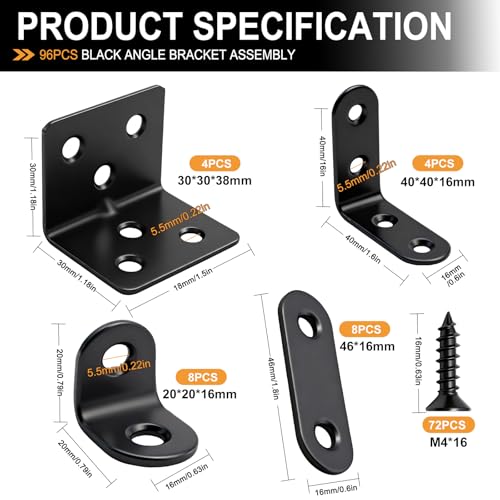 mankk 96PCS Black Straight Flat Metal Bracket & L Corner Brackets Mending Plates Stainless Steel Flat Brace Brackets Fixed Connecting Plate for Wood Repair Fixing M-G116