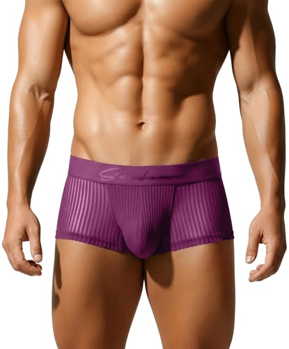 SEAUR Men Stretch Breathable Low Rise Boxer Underwear Pouch U Convex Fashion Lace Trunks Briefs Purple M