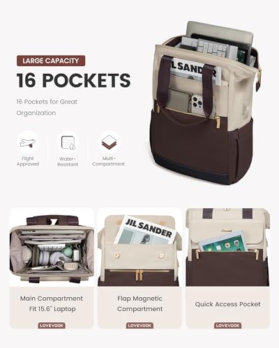 Image of LOVEVOOK Laptop Backpack for Women, 15.6 Inch Work Laptop Bag with USB Port, Fashion Teacher Nurse Backpack Purse, Waterproof Travel Computer Backpack with Organizer Bag, 2PCS, Apricot-Coffee