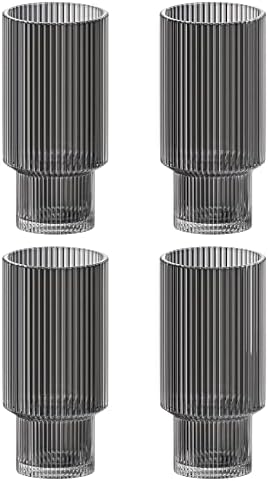 Vintage Art Deco Fluted Drinking Glasses | Set of 4 | 11 oz | Modern Kitchen Glassware Set | Unique Cups for Weddings, Cocktails or Bar | Ribbed Glass Cup for Water (Smoke Grey)