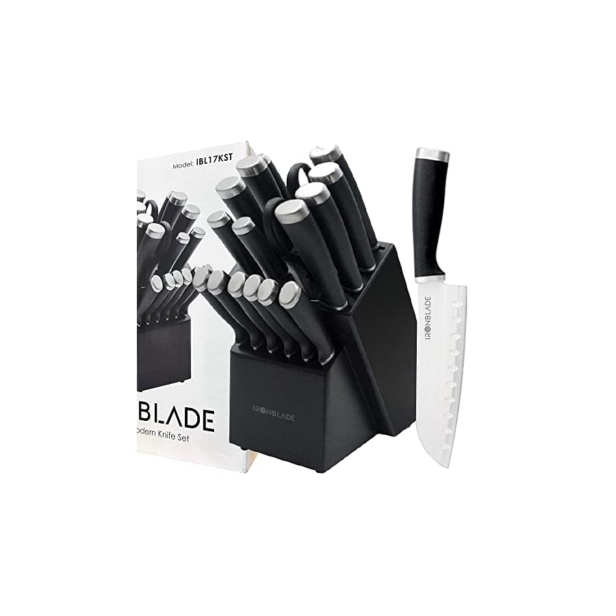 IRONBLADE Knife Set, 17-Pieces Kitchen Knife Set with Block Wooden German Stainless Steel with Special Blade Sharpener