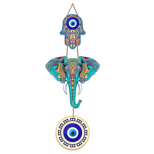 Image of Evil Eye Wall Hanging for Home Entrance | Nazar Suraksha Decorative Hanging | Blue Evil Eye Protection Charm | Handmade Wall Decor for Home, Office, Shop & Temple (Elephant)