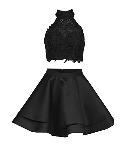 Libaosha Women's Satin Lace Halter Short Prom Dress Two Pieces Homecoming Dresses 2 Black