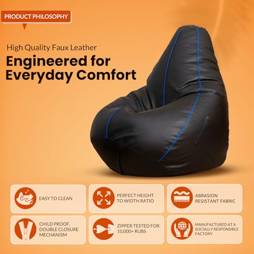 Image of Sattva Classic 2XL Sofa Style Bean Bag Chair with Beans Filled | Faux Leather Bin Bags Sofa Set Chair with Beans Filling | Beam Bag, Large Beanbags for Home & Office - Black with Royal Blue Piping