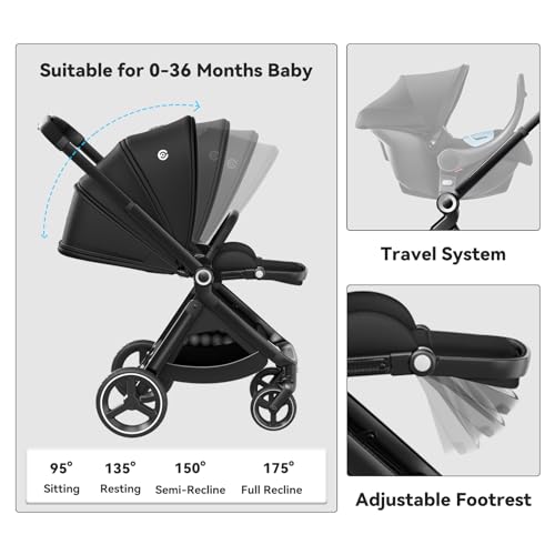 ELITTLE EMU Reversible Baby Stroller with Reversible Seat Full-Size Infant Stroller with Full Recline Cockpit Compact Foldable Pram Carriage for Outdoor City - Black