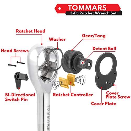 Tommars 1/4" 3/8" 1/2" Ratchet Drive Wrench Set, 72-Tooth Quick-Release Ratchets Socket Wrenches, Reversible #TOP5