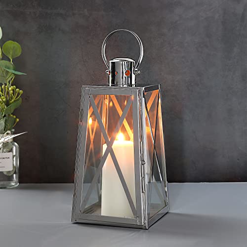 Trirocks Stainless Steel Decorative Lantern 12'' High Metal Candle Holder With Tempered Glass For Home Decor Living Room Parties Events Tabletop Indoors Outdoors(Silver Trapezoid) #TOP3