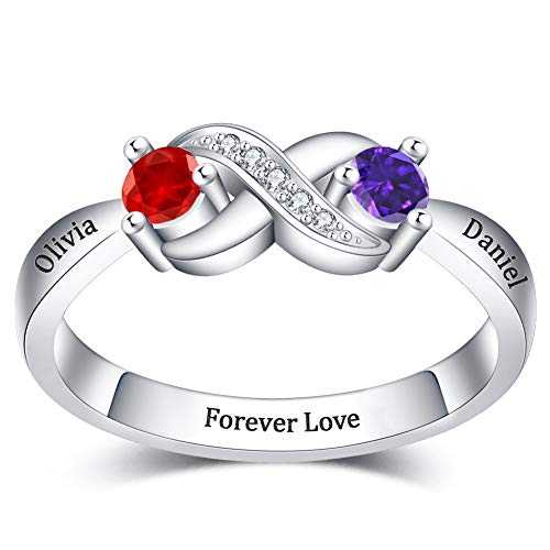 Lchwel Personalized Infinity Rings Customized Engagement Ring with 2 Birthstone 2 Names 925 Sterling Silver Promise Ring for Girlfriend Couple