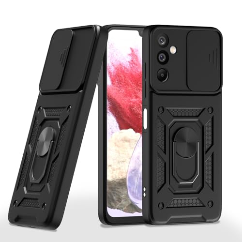 Image of Amazon Basics Back Cover for Samsung Galaxy M16 5G | 360 Protection Case | Sliding Camera Sheild Cover & Ring Holder Stand D10 Tough Armor Bumper Case (Black)