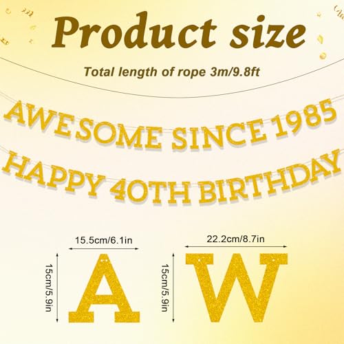 Image of Awesome Since 1985 Banner, Gold Glitter 40th Birthday Garland Decorations for Men and Women Happy 40 Years Old Birthday and Anniversary Party Decor Supplies, Pre-Strung