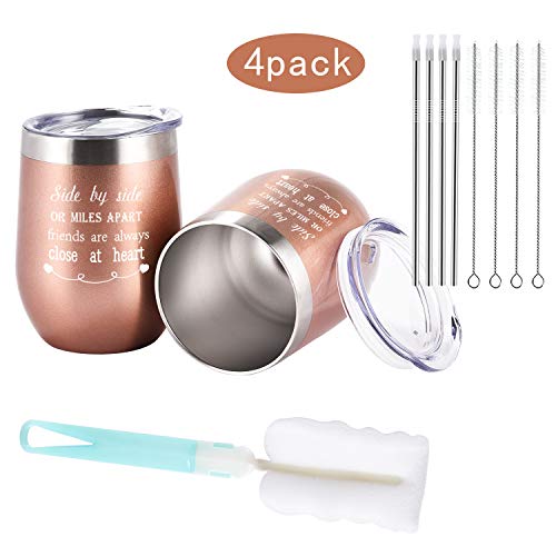 Friends Wine Tumbler Set Of 4, Side By Side Or Miles Apart Friends Are Always Close At Heart Wine Tumbler For Long Distance Friendship, 12 Oz Stainless Steel Insulated Wine Tumbler With Lid And Straw #TOP5