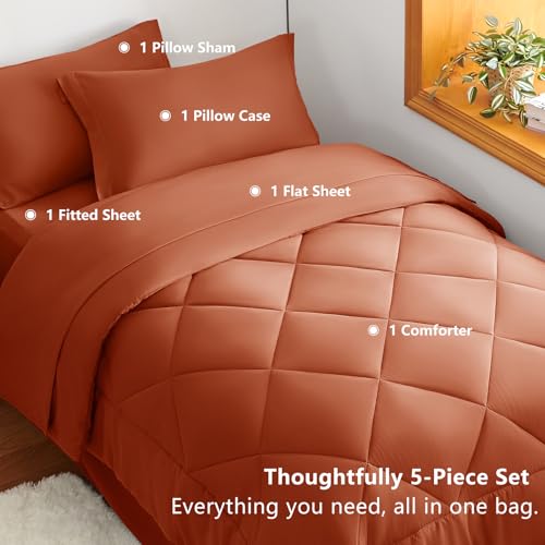 Image of CozyLux Twin XL Comforter Set Burnt Orange - 5 Pieces Twin Extra Long Bed in a Bag for College Dorm, All Season Bedding Set for Girls and Boys, Soft Bed Set with Comforter, Sheets, Pillowcase & Sham