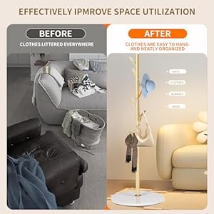 Coat Rack Stand with Natural Marble Base Metal Freestanding Coat Rack Modern Golden Coat Racks with 8 Hooks Standing Coat Hall Tree Hanger Stand for Scarf Bag Jacket