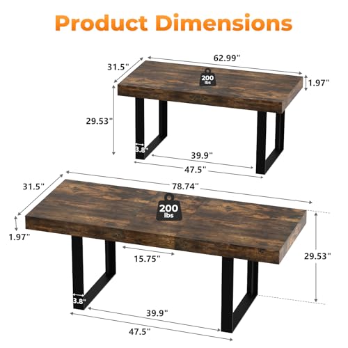 Zevemomo 63\"-78.7\" Expandable Dining Table, 6-10 Farmhouse Kitchen Table, Extendable Dining Table, Rectangular Kitchen Table with Metal Track, Tapered U-Shaped Leg for Dining Room,Office-Rustic Brown - Thumbnail 2
