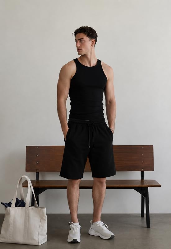Image of Men's Solid Cotton Lounge Shorts | Premium Soft Breathable Casual Shorts with Elastic Drawstring Waist | Regular Fit Above Knee for Home, Gym & Travel