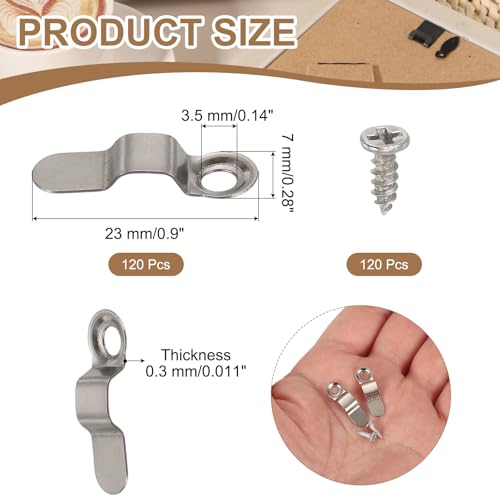 Image of uxcell 120pcs Picture Frame Backing Clips, 0.9 inch Photo Frame Buttons Fasteners Hardware Corner Clip with 120pcs Screws for Hanging Pictures Crafts Drawing, Bow-Shaped Silver