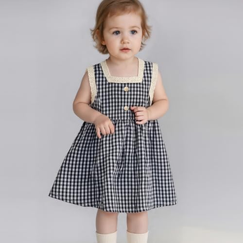 Girls Plaid Gingham Sleeveless A Line Dress Square Neck Lace Trim Dresses2