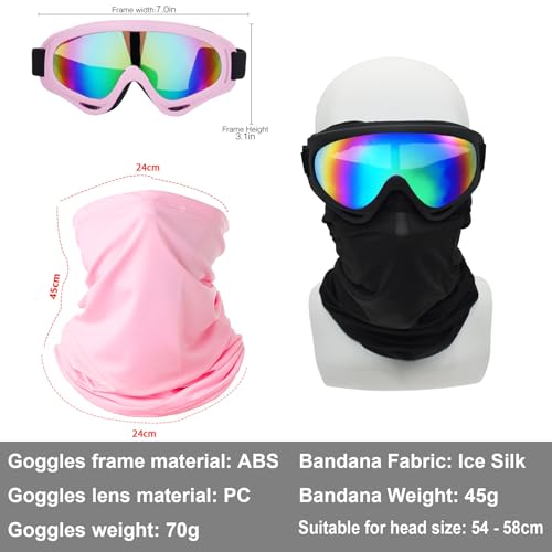 Image of LJDJ Motorcycle Goggles,2 Pack Dirt Bike ATV Motocross Riding Hiking Protective with 2 Pack Neck Breathable Bandana Mask (Light Pink + Black /Colorful)