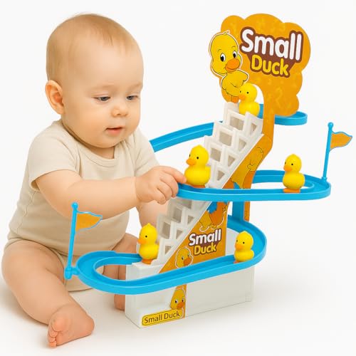 Image of Duck Climbing Stairs Free Laser Light Toy with Music & LED Lights, Automatic Escalator Track Slide Toy for Kids, Musical Duck Toy for Toddlers